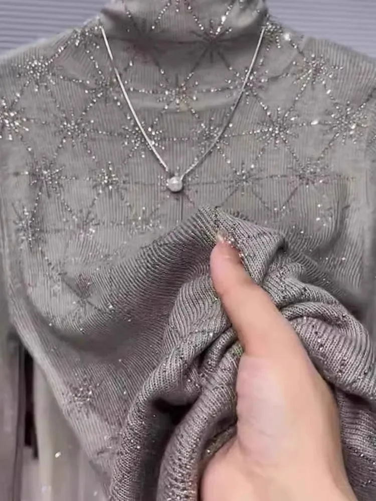 

Korean Sle Commute Anti-Aging High Collar Base irt Faionable Winter Slim Fit Rhinestone Design Knitwear Top for Women