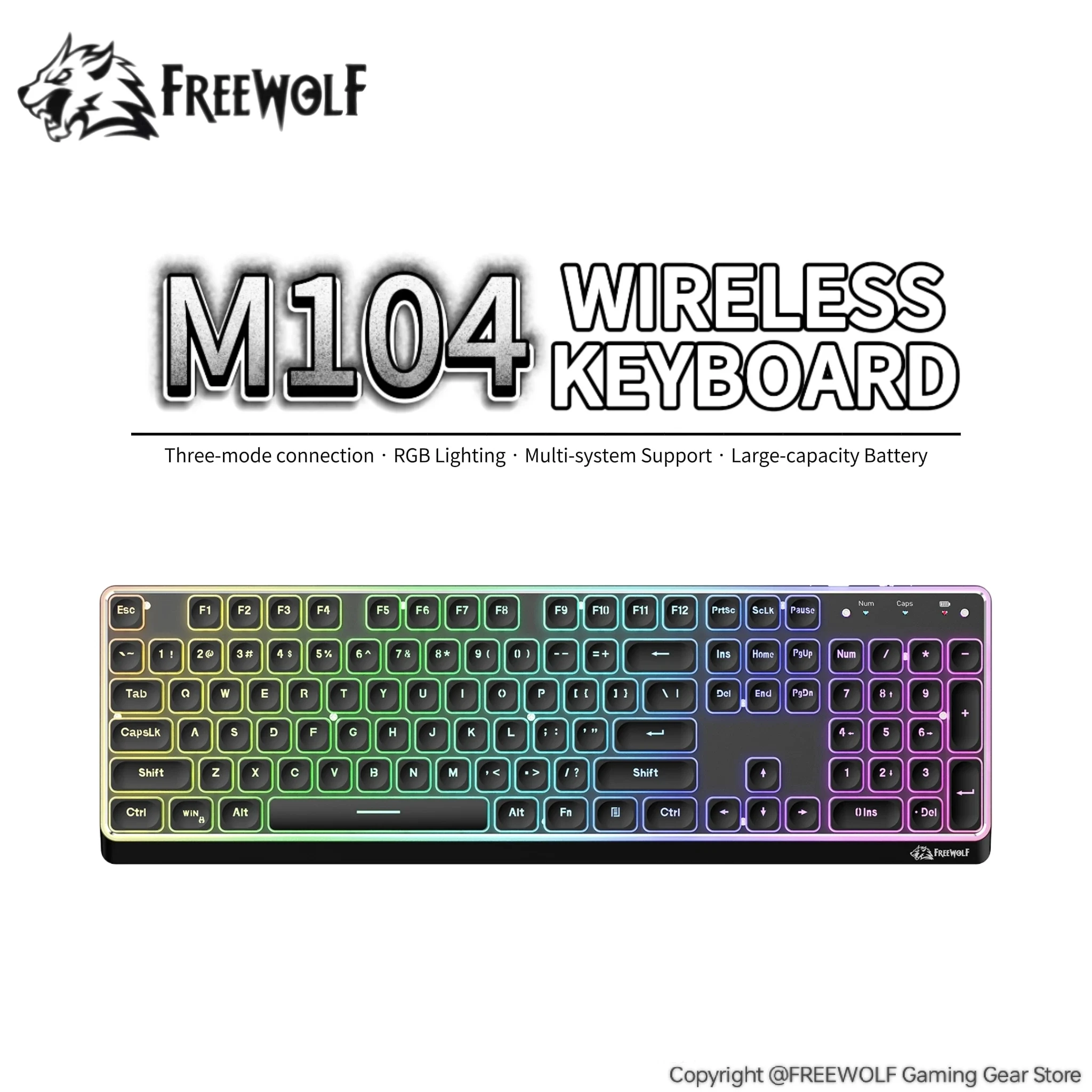 FREEWOLF M104 Silent Keyboard with RGB Backlight,Chocolate Water Drop Keycaps,26-key Non-Overshoot Design,2.4G/BT/Type-C