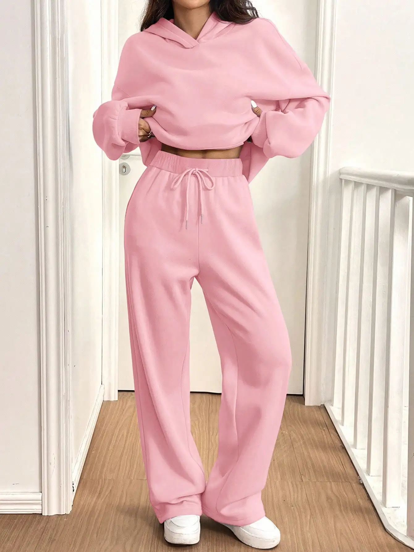 

Women Pink Casual Thermal Lined Hoodie And Pants Set Autumn Winter