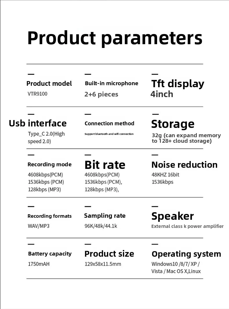 AI intelligenter Diktiergerät VTR9100 32G Mikrofon zur Text-High-Definition-Rauschunterdrückung