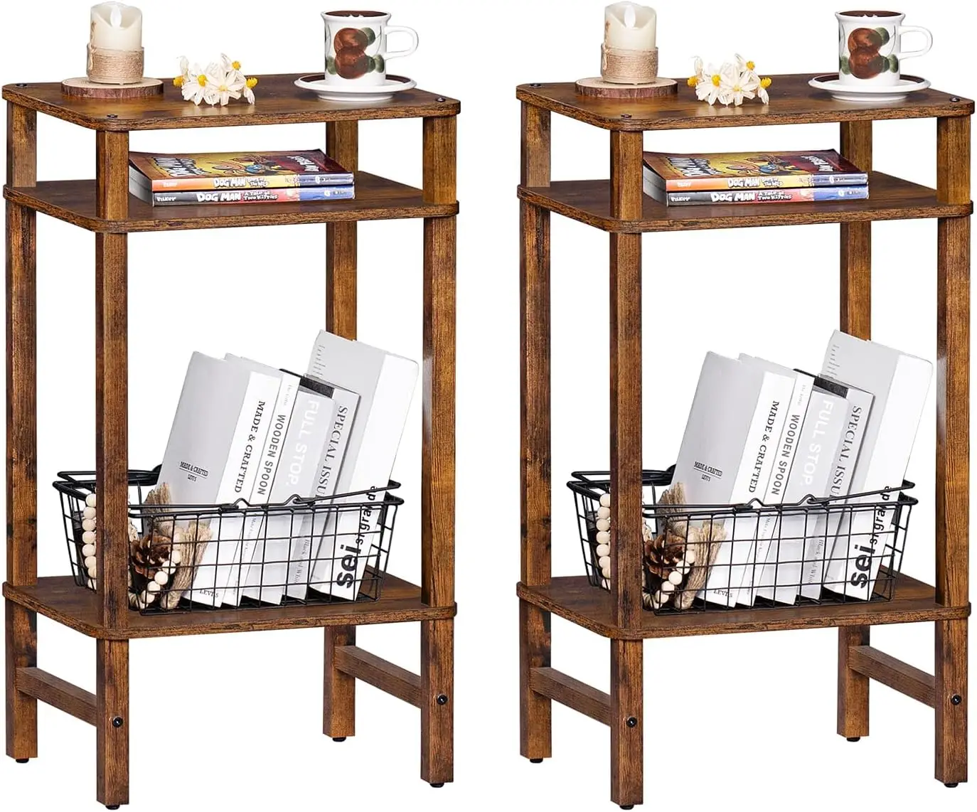 

Side Table 2 Pack Tall Night Stand 3-Tier for Living Room Bedroom Bathroom Office with Solid Wood Pillars
