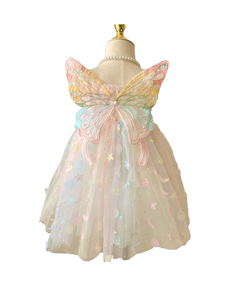 여아 나비 무지개 드레스 여름 신상 요정 공주 스커트 메쉬 통학 한국 스타일 민소매 단색