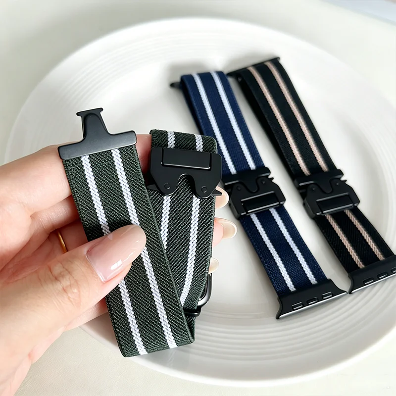 Tactical Striped Nylon Strap For Apple Watch Series 10 Ultra 2 Parachute Buckle Breathable Woven Watch Band 41/45/46/49mm