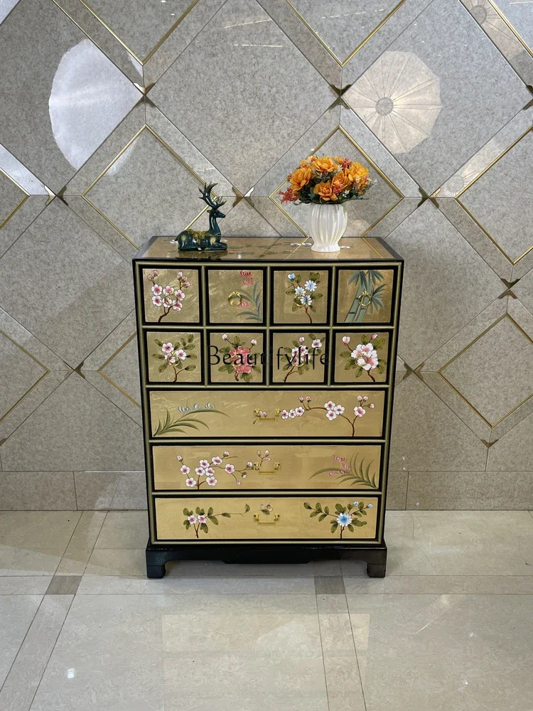 

Chinese painted gold and silver foil bucket cabinet solid wood porch partition cabinet