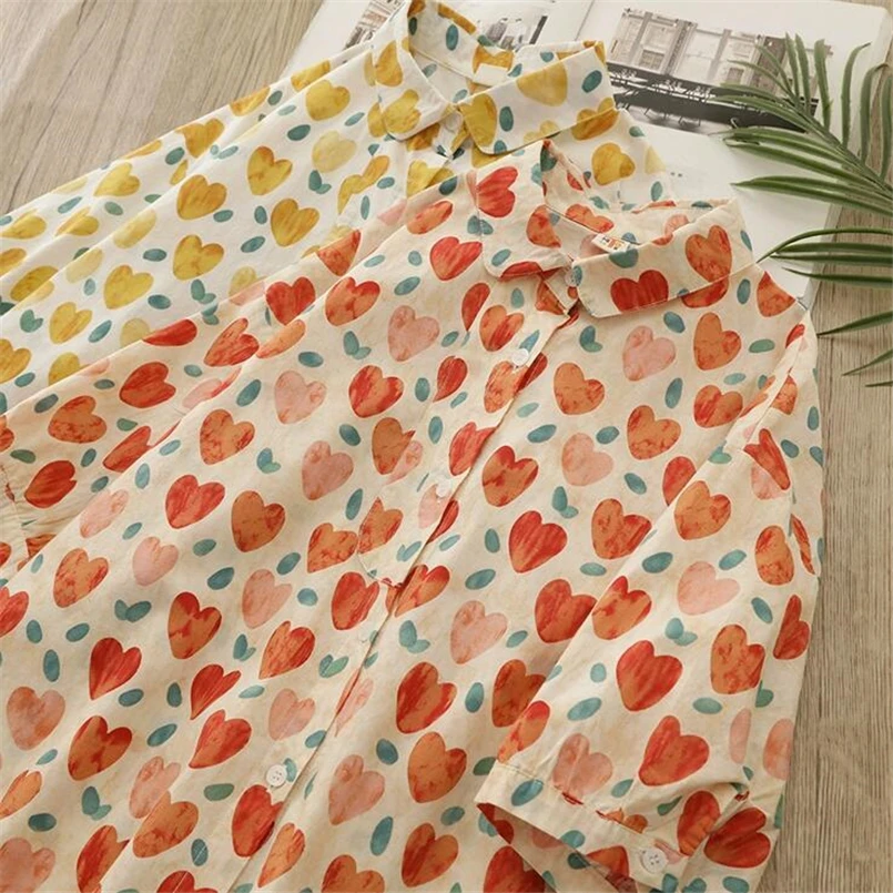 Fashion Lapel Button Casual Shirts All-match Love Print Cute Blouse Women Clothing 2026 Summer New Loose Tops Office Lady Blouse