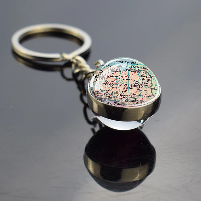 European Countries Map Keychain France Spain Poland Germany Poland Italy Vintage Map Glass Ball Key Chain Ring Travel Gift