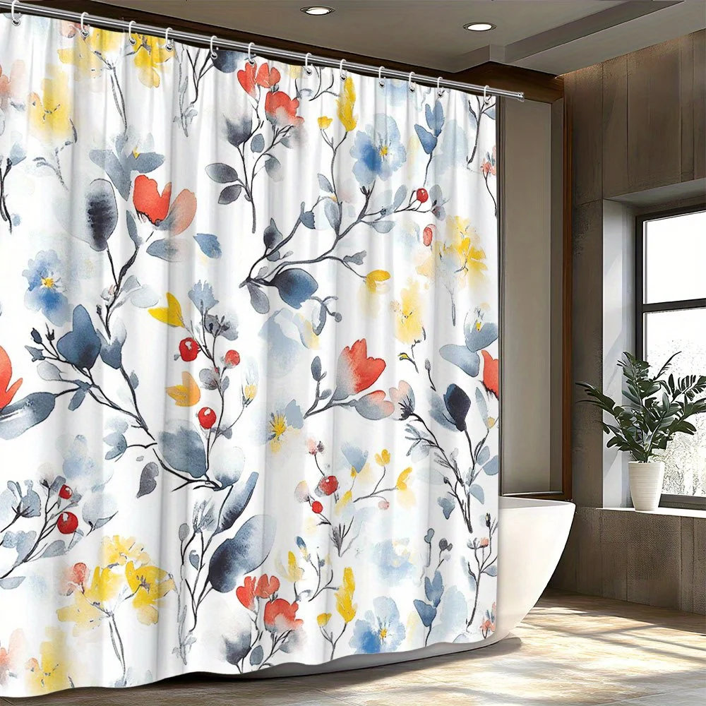 

1 занавеска для душа с абстрактным цветочным рисунком - акварельные синие, красные, желтые и оранжевые цветы с серой веткой на белом фоне
