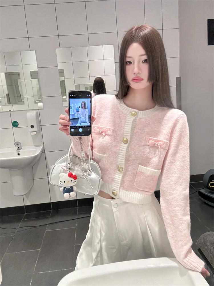 Sweet Style Pink Short  Knitted Cardigan for Women Autumn Stylish Slim Pocket Knit Long Sleeved Jacket Contrast Color Ropa Mujer