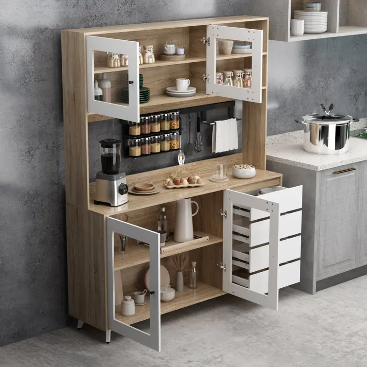 Stylish Multi-functional Wooden Kitchen Pantry With 4 Drawers 2 Cabinets And 2 Open Shelves