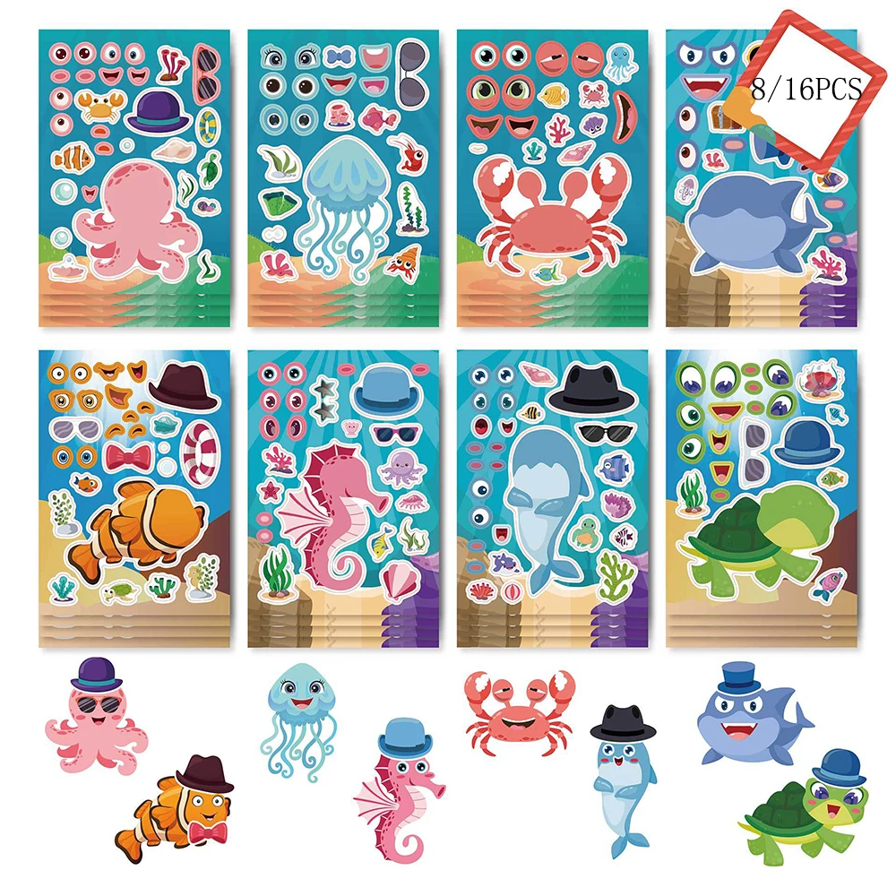 

8/16sheets Make a Face Marine Animals Stickers Kawaii Dolphins Sticker Skateboard Snowboard Diary Scrapbooking Educational Toys