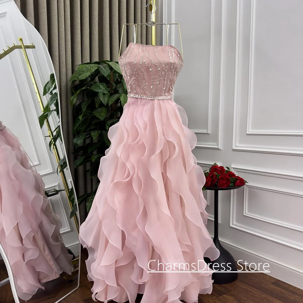 فستان سهرة من الأورجانزا مكشكش مخصص بدون حمالات بدون أكمام مطرز بالخرز بطول الأرض فساتين حفلات المملكة العربية السعودية #5