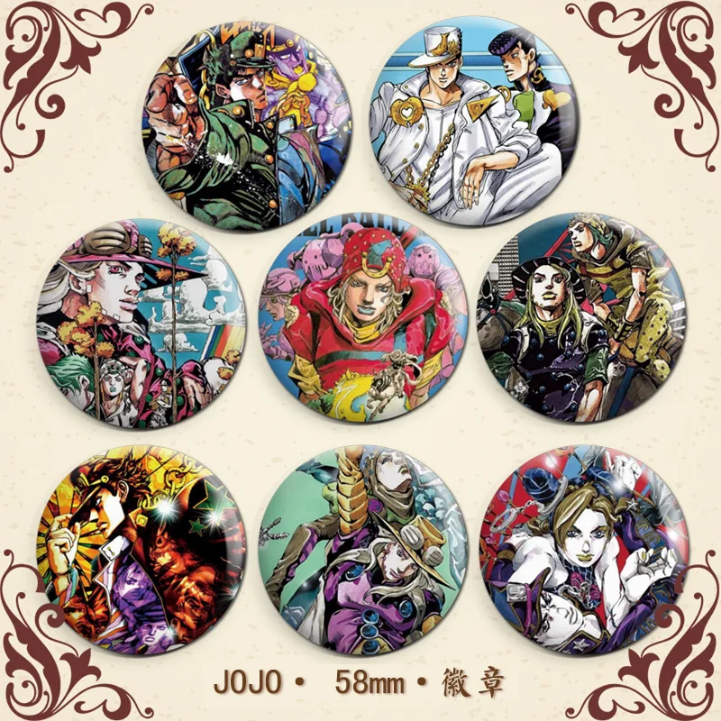 JOJO's Bizarre Adventure 58mm Metal Badge Set Jotaro Kujo, Josuke Higashikata, and Jolyne Cujoh Collectible Anime Pin Badges