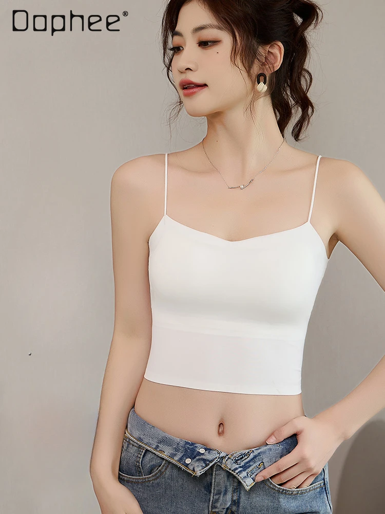 

Solid Color Sleeveless Tube Top 2024 Summer New Slim Fit Sling Crop Top Women Sexy Basic Camisole Peded Bra Underwear Female