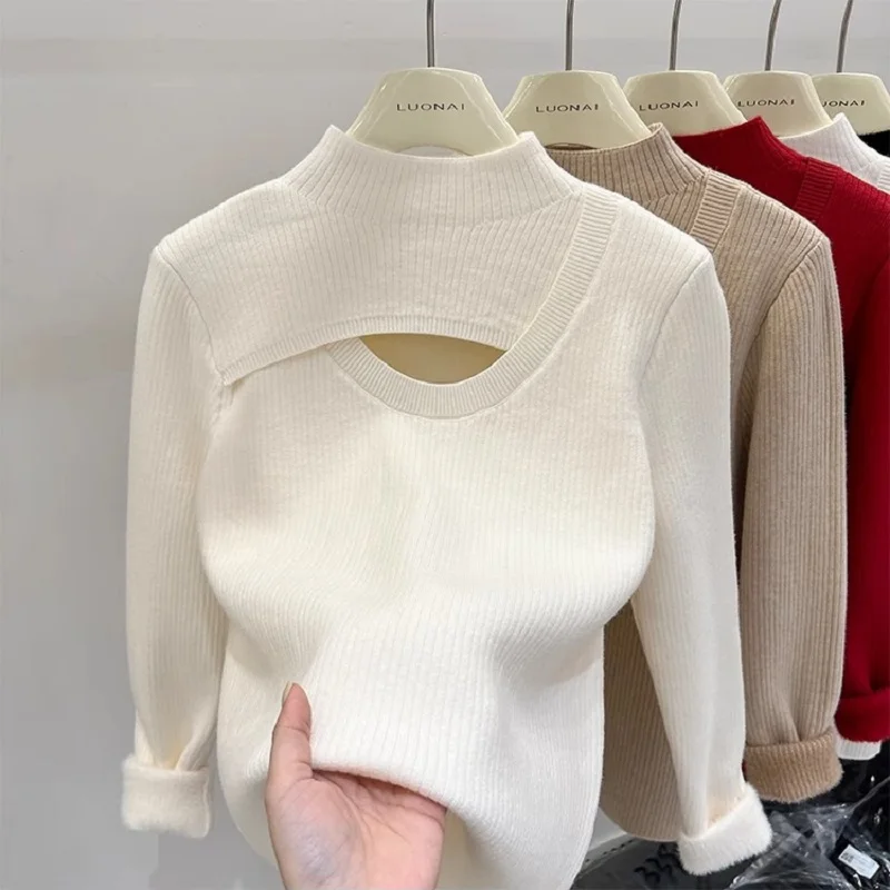 Hot Chick With Velvet One Body Hollow Half Turtleneck Knit Sweater Base Women Autumn Winter Thick Warm Inside With Mid-Neck Tops