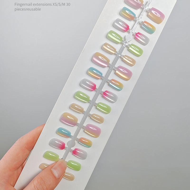 30 Stück handgemachte Gradient-Katzenaugen-Press-On-Kunstnägel, mittelkurze Nagelspitzen, beliebtes Design, Blumendekoration, vollständige Abdeckung – Detail 8