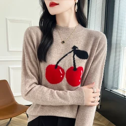 Spring Autumn New Cashmere Sweater Women's Knitted Hoodie 100% Merino Wool Embroidered Tops Fashionable Slimming Long Sleeve