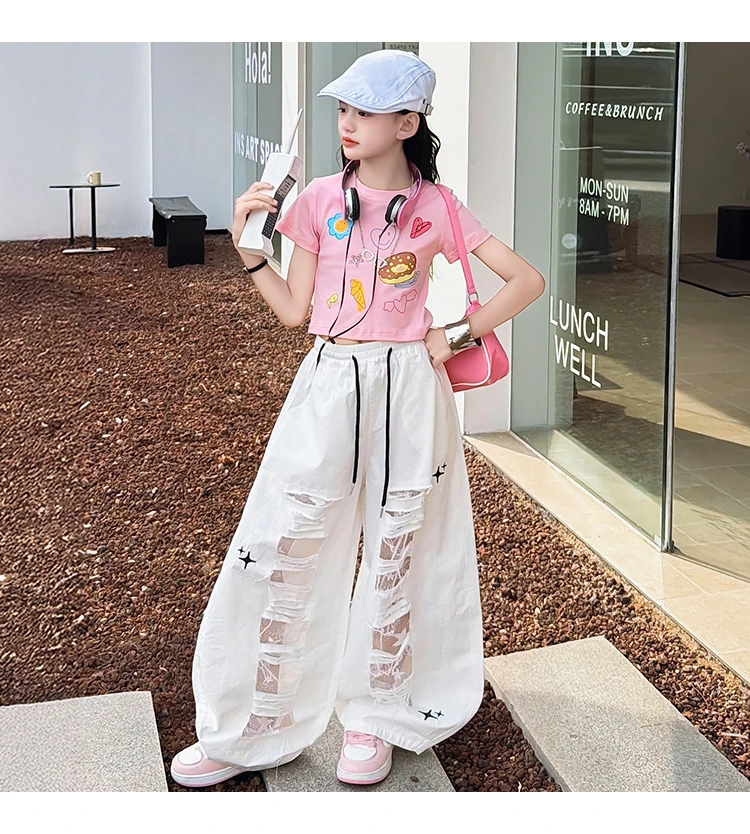 Teenager-Mädchen Mode Street-Style Y2K Kleidungsset Outfits für Mädchen Sommer T-Shirt + zerrissene Hosen Streetwear Coole Kinderkleidung Anzug – Detail 11