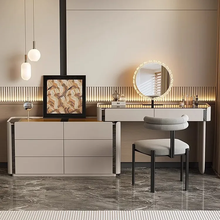 Modern Vanity Desk Dressing Vanity Table with Smart LED Mirror Luxury Makeup Set Includes Expandable Side Cabinet with 6 Drawer