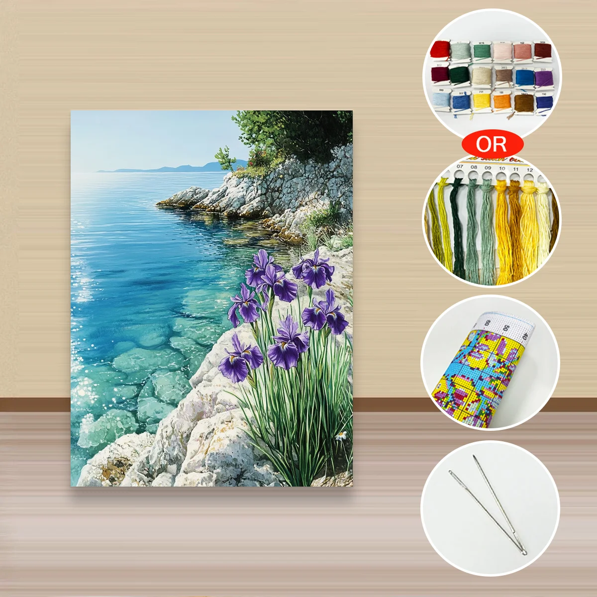 1 Stück 30x40cm/11,8x15,7 Zoll, 11Ct/14Ct Kreuzstich-Set, DIY Valentinstagsgeschenk, Stickerei-Set für Festlichkeiten, Iris am Meer – Detail 2