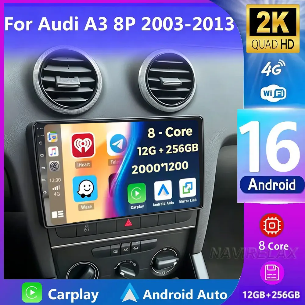 Android 16 Carplay Auto Car Radio For Audi A3 8P 2003-2013 2din Multimedia Player GPS Navigation Audio Stereo DSP 360 Camera 4G