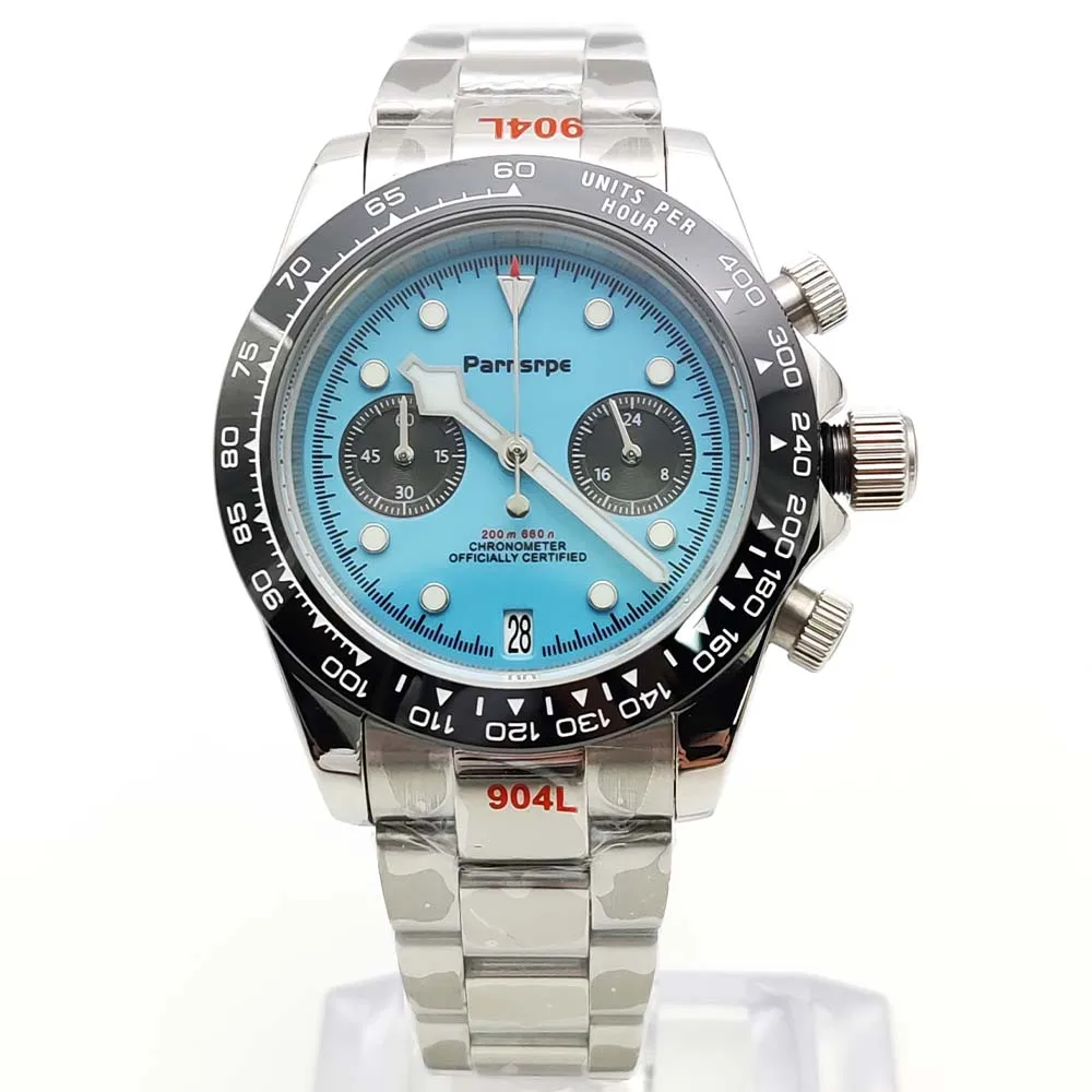 Parnsrpe - ساعة كوارتز رياضية كاجوال للرجال، حركة Vk64، زجاج ياقوتي، قرص أزرق معقم بتقويم