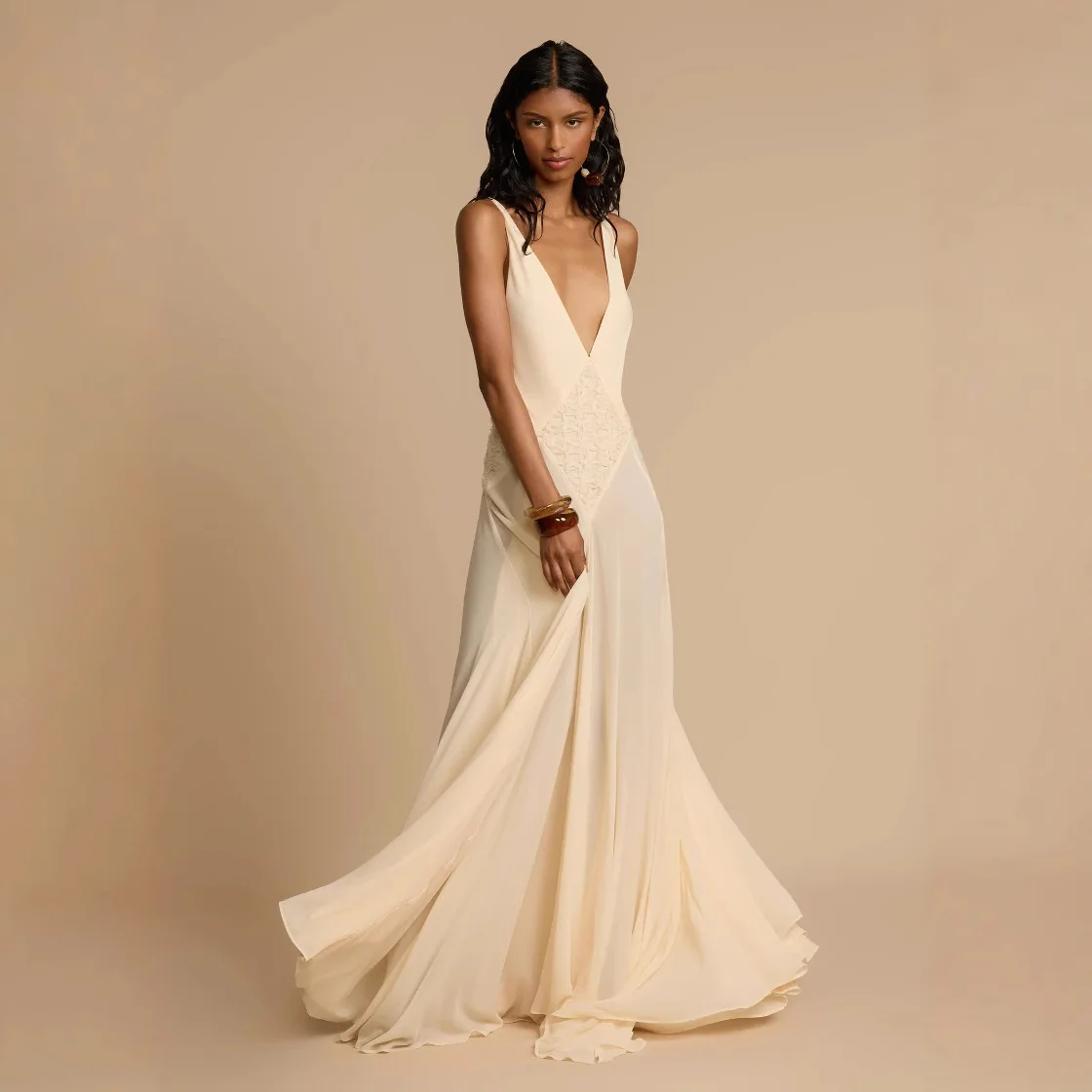 Beige Deep V-neck Suspender Dress Waist Mopping Long Dress Simple Fashion Temperament Elegant Slim And Thin Women's Clothing