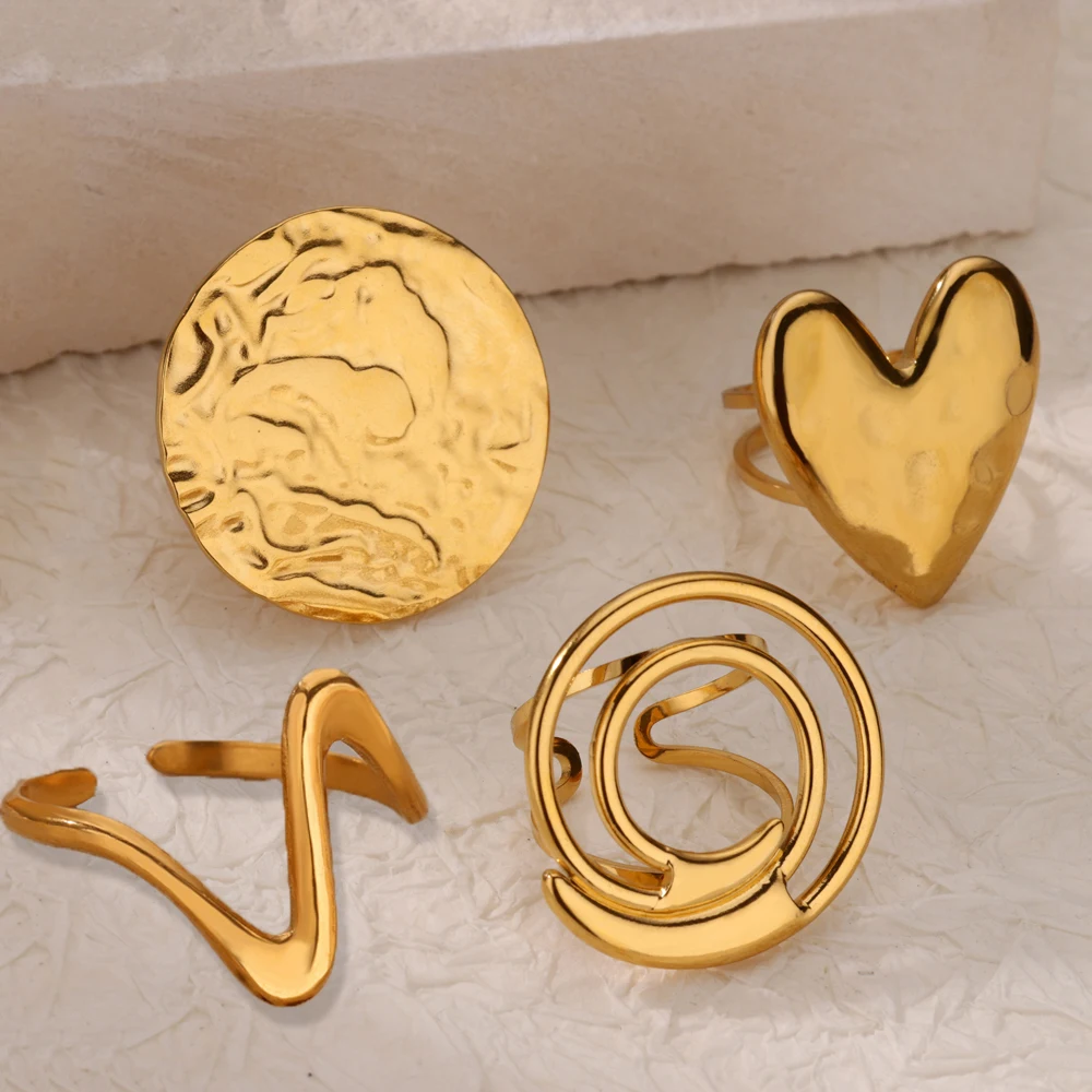 Minimalist Heart Large Round Pattern Stainless Steel Rings For Women Open Adjustable Gold Color Ring Waterproof Jewelry Gift