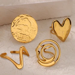 Minimalist Heart Large Round Pattern Stainless Steel Rings For Women Open Adjustable Gold Color Ring Waterproof Jewelry Gift