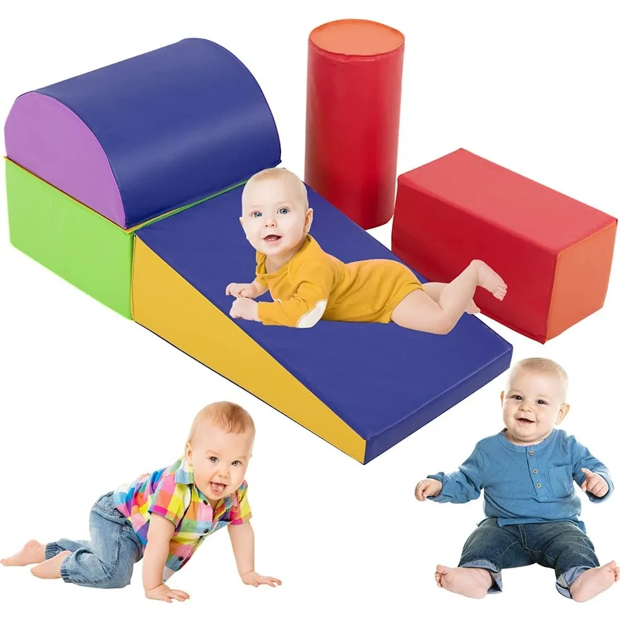 

Indoor Playground Climbing Toys for Toddlers 5-Pieces PU Leather Foam Blocks Soft Play for Crawling and Sliding Blue and Gray