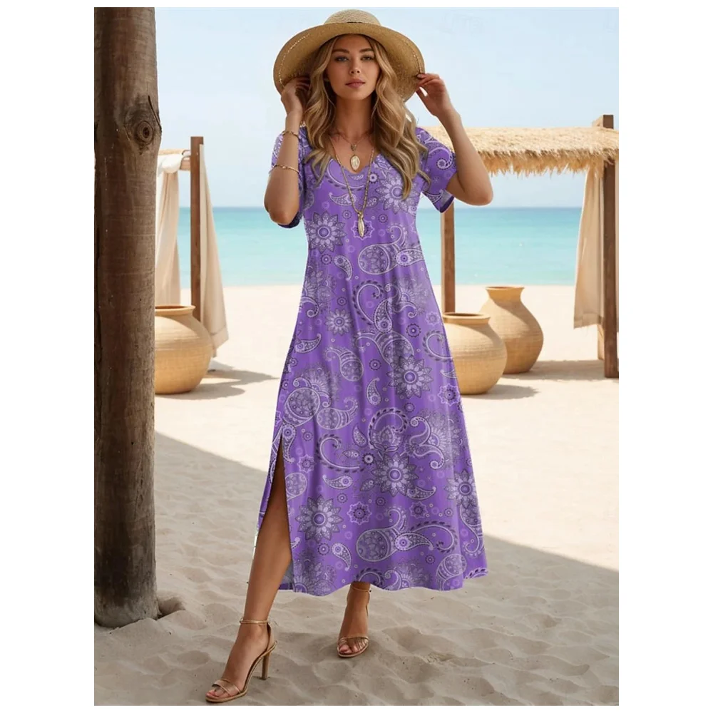 Women\'s Paisley Dress Casual Split V-Neck Long Dress Maxi Dress Ethnic Tribal Holiday Dresses Summer Short Sleeve Woman Clothing