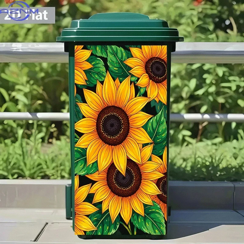 2D Flat Printing 1pc Trash Can Sticker, Sunflower and Green Leaves Theme Design, Self-Adhesive Wall Decal for Kitchen Trash Ca