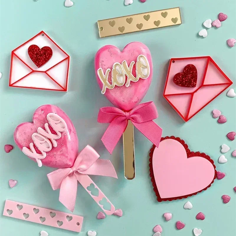 10pcs Acrylic Cupcake Topper Gold Red Heart Envelope Cake Topper Wedding Valentine's Day Dessert Party DIY Cake Decorating Tools