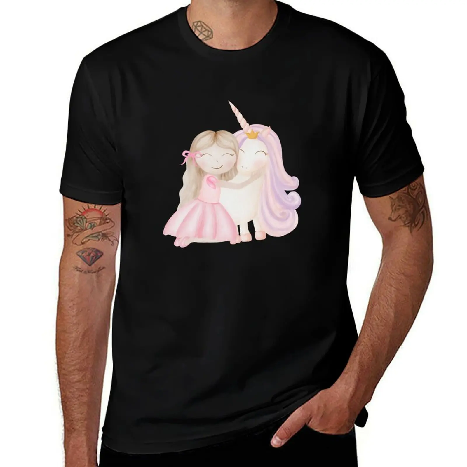

Watercolor girl princess and unicorn best friends children illustration T-Shirt vintage oversized t shirt men