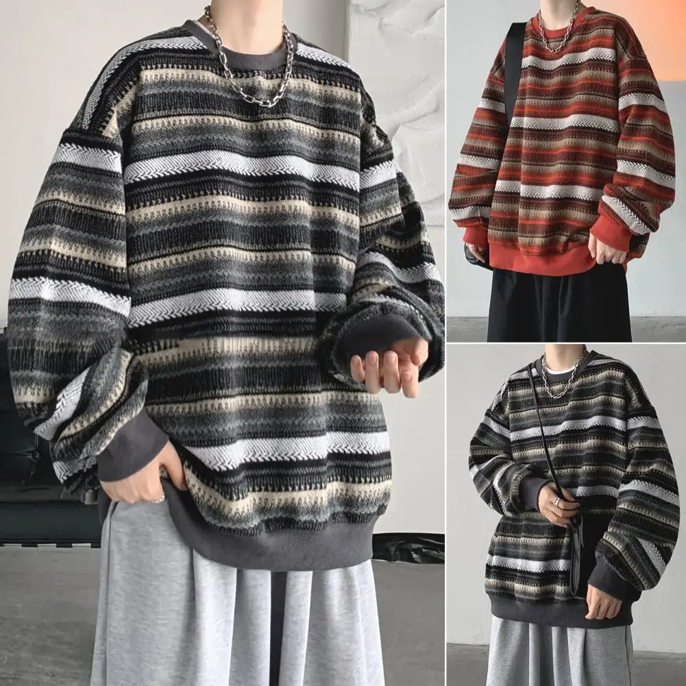 

Men Winter Sweatshirt Striped Contrast Color Long Sleeves Loose Pullover Keep Warm Soft Elastic O Neck Winter Sweatshirt