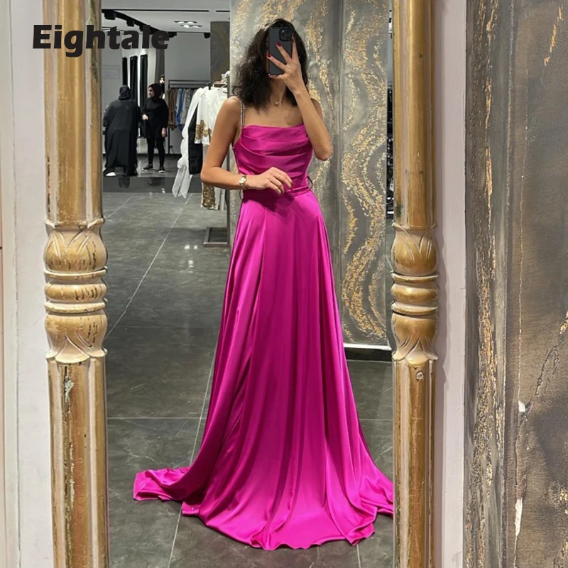 

Eightale Fushcia Evening Dress for Wedding Party Satin Spaghetti Strap Pleats Elegant A-Line Long Prom Gowns Celebrity Gown
