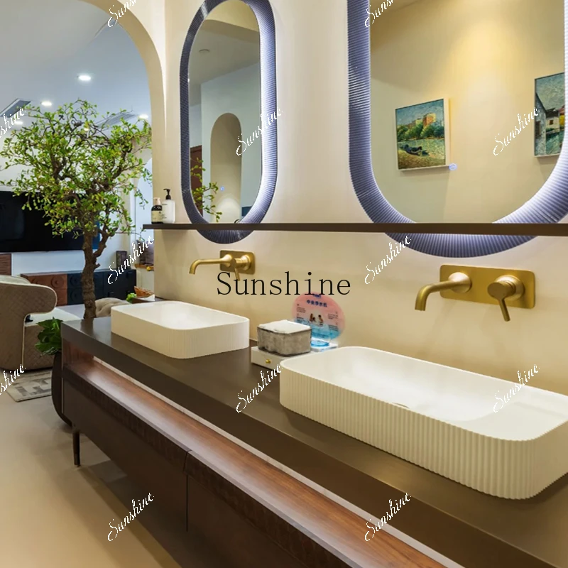 

Simple modern bathroom cabinet rock slab countertop ceramic countertop basin combination FT