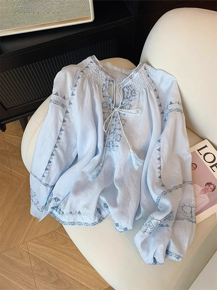 

Синяя женская рубашка с длинным рукавом, из смесового хлопка и полиэстера, с V-образным вырезом, на пуговицах, в этническом стиле, свободного кроя, для похудения.