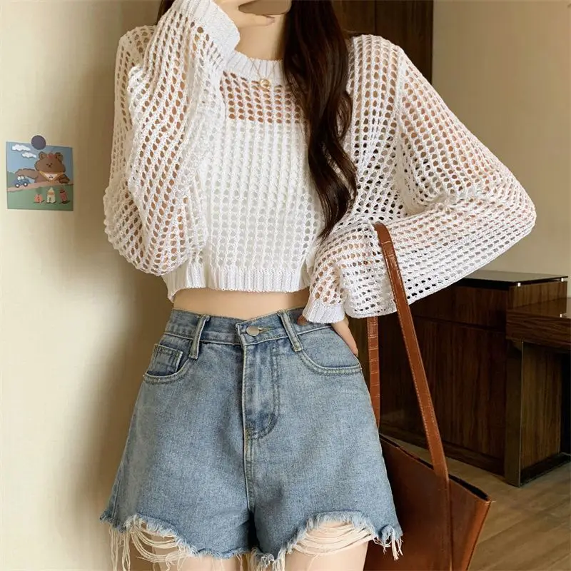 Women\'s Hollow White Black Grey Knit Sweater Short Korean fashion sexy Loose Long Sleeved Fishing Net Tops Women NS5903