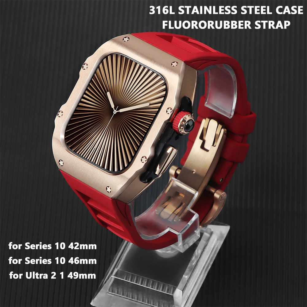 Luxury Modification Kit for Apple Watch 10 46mm 42mm Butterfly Buckle Stainless Steel Case for Iwatch Ultra2 1 49mm Fluororubber