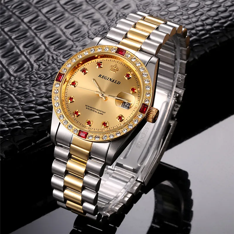 

Reginald Watch Men Luxury Diamond Gold Watches Men Gold Silver 316L Stainless Steel Date Analog Quartz Wristwatches Reloj Hombre