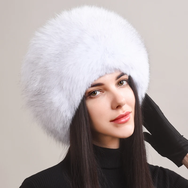 Fox Fur Hat Women Winter Princess Hats Genuine Leather Fur Caps With Ear Protection Fashion Furry Fur Hats Thick Black Fur Hat