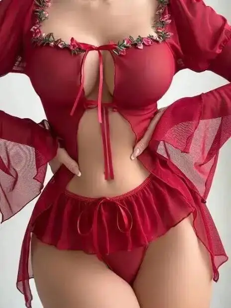 Nouvelle robe Sexy pour femmes pur désir fille chaude à manches longues Sexy maille transparente évider fleur garnie robe rouge élégante MRKN