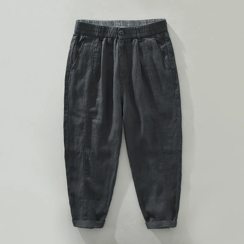 

Summer Linen Cropped Pants Japanese Retro Style Loose plus Size Thin Elastic Waist Casual Mid-rise Trousers for Men
