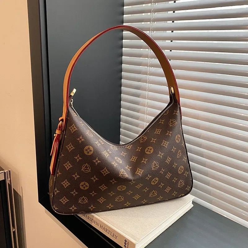 

Designer bags free shipping Retro printed tote bag fashionable underarm bag soft leather elegant single shoulder bag coffee color women