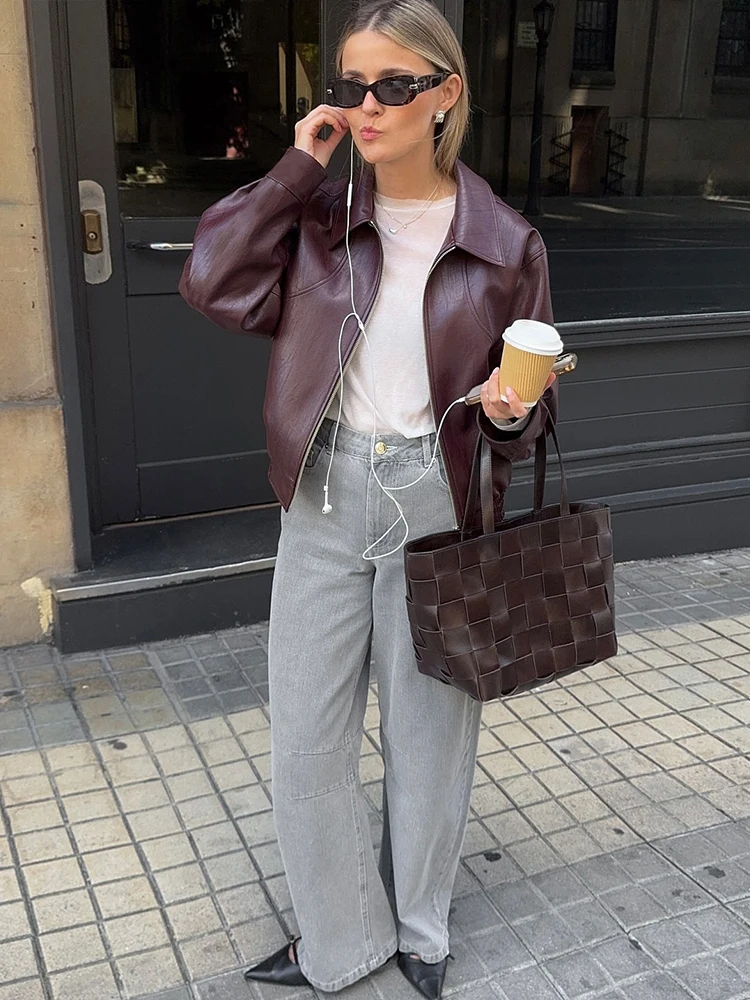 Kliou Faux Leather Jacket Woman Autumn Trend Zipper Lapel Full Sleeve Hottie High Street Fashion Versatile Style Basic Coats