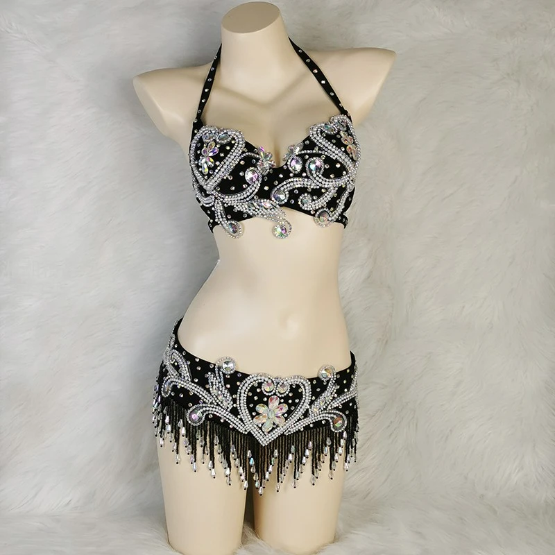 Girls Dance Clothes Bra+Belt 2pcs Competition Suit Hand Made Stones Style Wear Bra BCD T-stage Runway Sexy