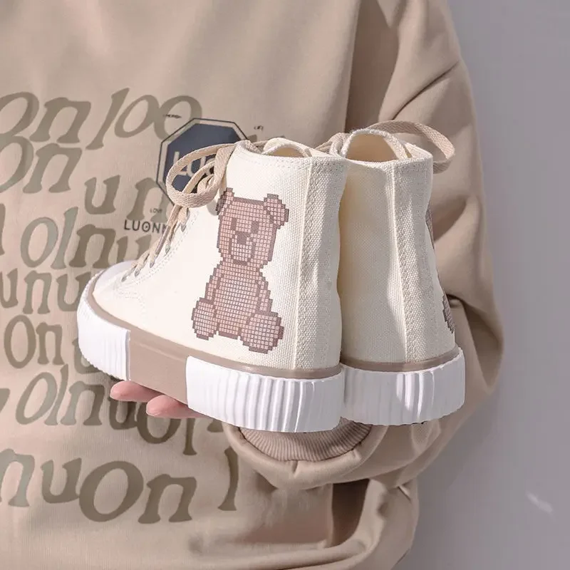 2023 Bear Canvas Sneakers Fashion Print Woman Flats Autumn Students Daily Wear Casual Korea Style Cartoon Ladies Footwear