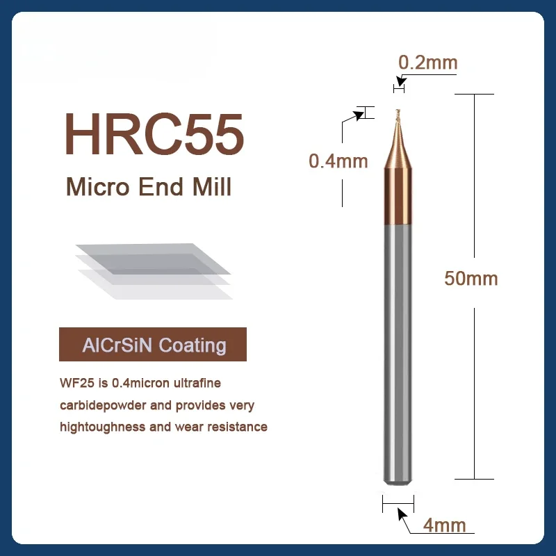 TULX 1PC HRC55 Micro Square End Mill 2 Flutes 0.2-0.9mm TiAIN Micro Flat 4mm Shank Millin Cutter Mirco Carbide CNC Engraving Bit