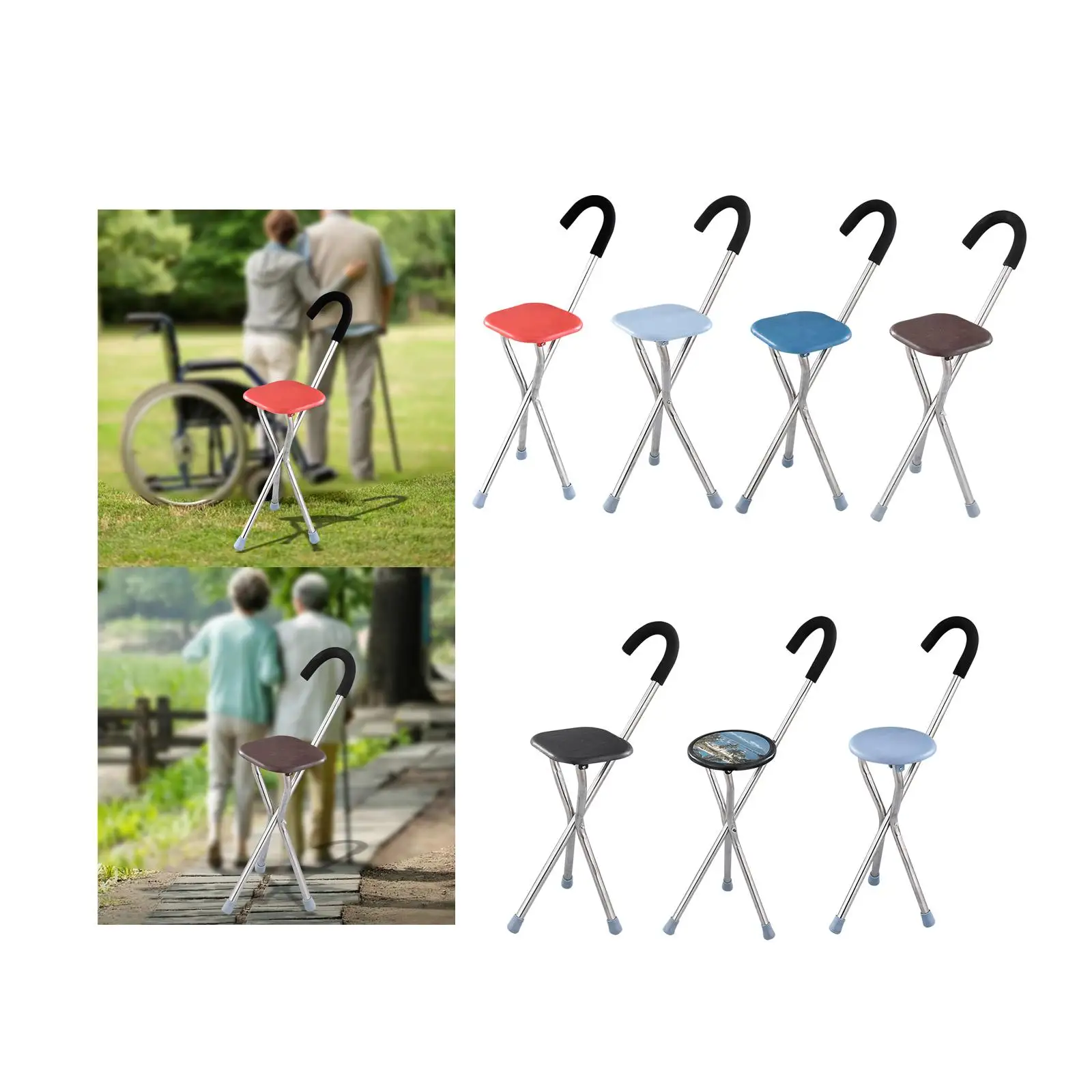 

Folding Cane Seat Portable Outdoor Rest Stool Stainless Steel 34inch Tall 3 Legs Anti Slip Cane Chair for Seniors Elderly