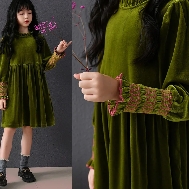 Big Girls Winter Dresses Velvet Fall Outfits Long Sleeve Dress Size 7 8 9 10 11 12 13 15 14 16 17 18 20 Years Green Kids Clothes